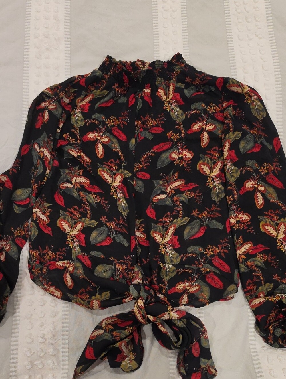 Tie-Front Floral Blouse in Black with Red & Green Print